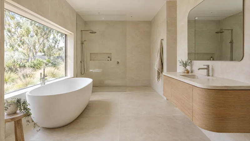limestone and oak bathroom design concept: Bright coastal minimalism; limestone, oak and brushed nickel; bath beside a garden window.
