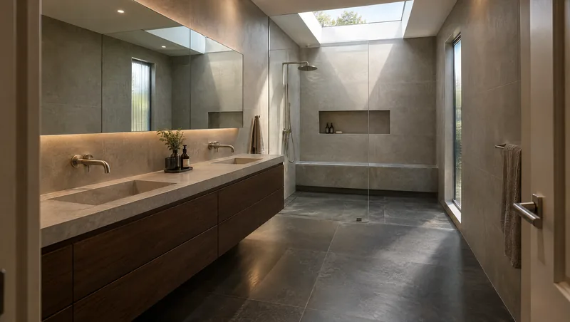 bluestone and walnut bathroom design concept: Moody architectural ensuite; charcoal stone, walnut and nickel; skylit walk-in shower.