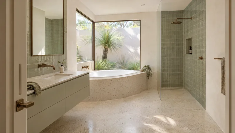 terrazzo and sage bathroom design concept: Airy courtyard bathroom; creamy terrazzo, sage tile and bronze; separate bath and shower.