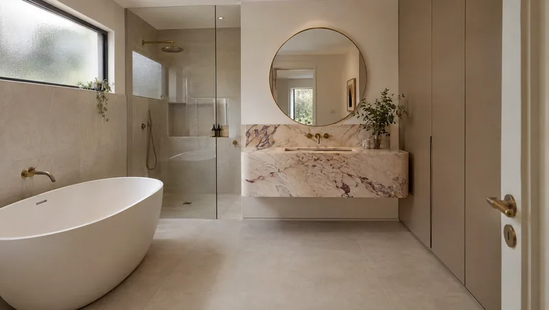 sculptural stone bathroom design concept: Warm, refined statement bathroom; plum-veined stone, taupe joinery and aged brass.