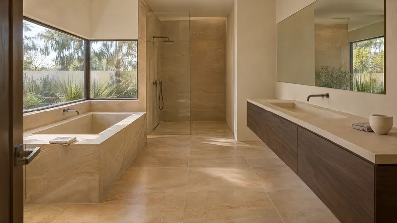 sandstone pavilion bathroom design concept: Honed sandstone, smoked eucalyptus joinery, corner glazing