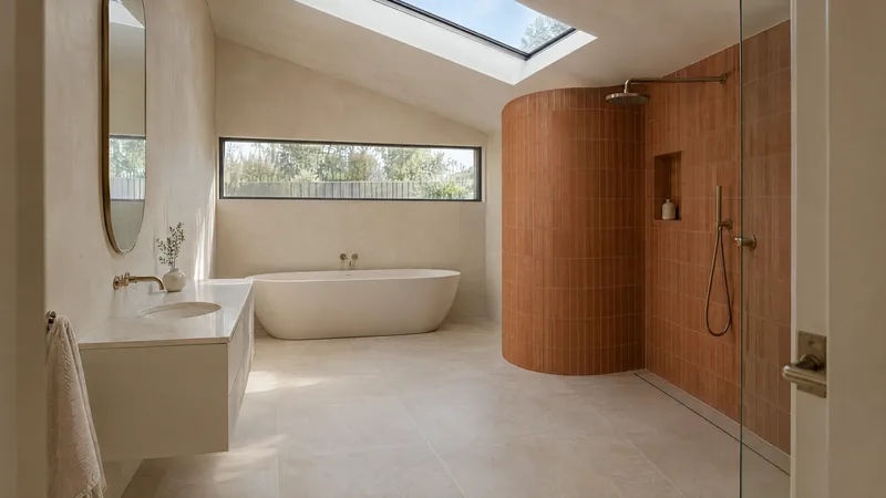 clay and cream bathroom design concept: Terracotta porcelain, cream joinery, curved shower wall