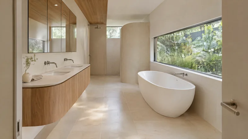 soft minimalism bathroom design concept: Ivory porcelain, blackbutt timber, curved joinery