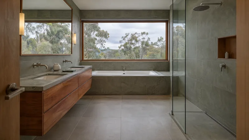blackwood retreat bathroom design concept: Tasmanian timber, grey-green stone, soft southern light