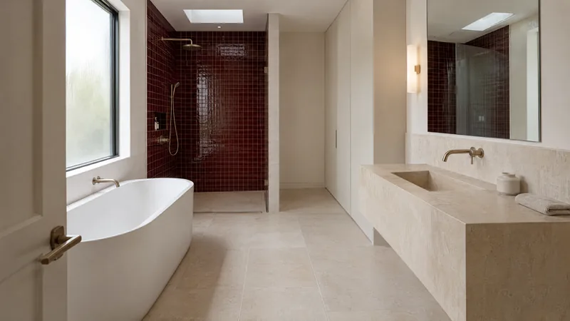 oxblood and limestone bathroom design concept: Burgundy ceramic, pale limestone, champagne metal