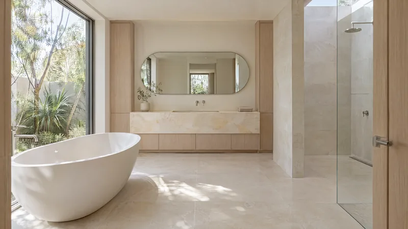 luminous quartzite bathroom design concept: Cream quartzite, pale oak, concealed garden shower
